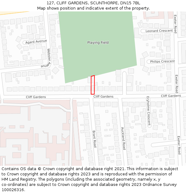 127, CLIFF GARDENS, SCUNTHORPE, DN15 7BL: Location map and indicative extent of plot
