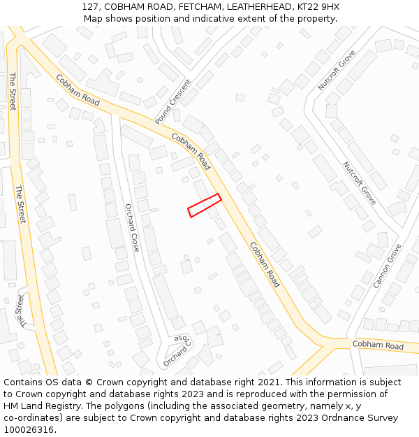 127, COBHAM ROAD, FETCHAM, LEATHERHEAD, KT22 9HX: Location map and indicative extent of plot