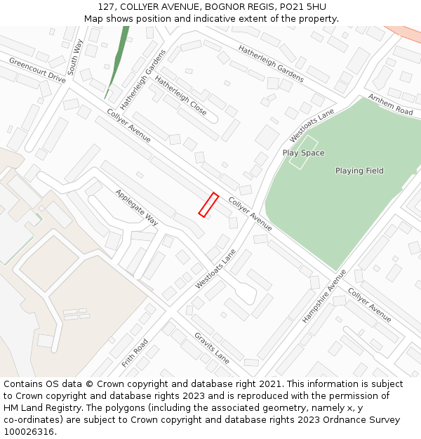 127, COLLYER AVENUE, BOGNOR REGIS, PO21 5HU: Location map and indicative extent of plot