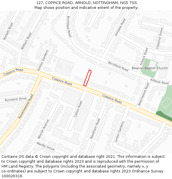 127, COPPICE ROAD, ARNOLD, NOTTINGHAM, NG5 7GS: Location map and indicative extent of plot