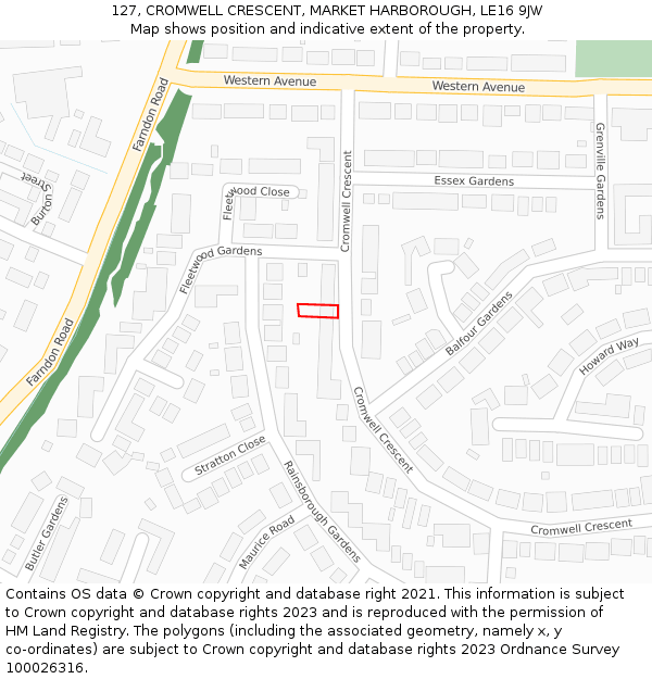 127, CROMWELL CRESCENT, MARKET HARBOROUGH, LE16 9JW: Location map and indicative extent of plot