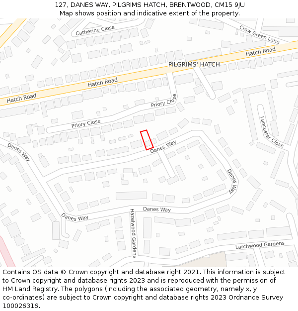 127, DANES WAY, PILGRIMS HATCH, BRENTWOOD, CM15 9JU: Location map and indicative extent of plot