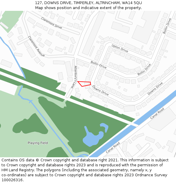 127, DOWNS DRIVE, TIMPERLEY, ALTRINCHAM, WA14 5QU: Location map and indicative extent of plot