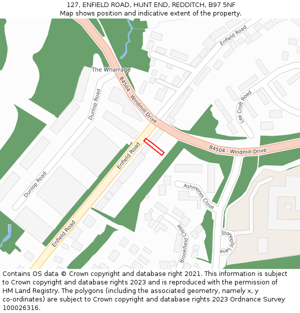 127, ENFIELD ROAD, HUNT END, REDDITCH, B97 5NF: Location map and indicative extent of plot