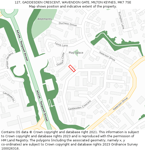 127, GADDESDEN CRESCENT, WAVENDON GATE, MILTON KEYNES, MK7 7SE: Location map and indicative extent of plot