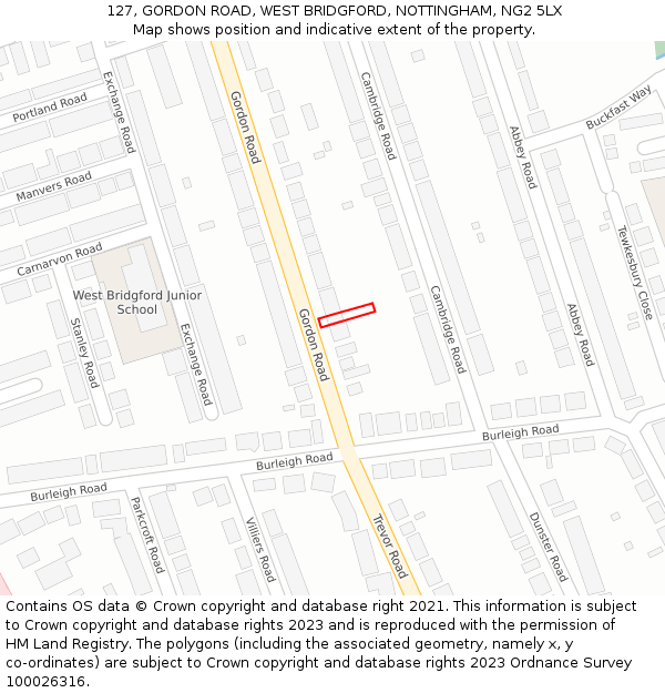 127, GORDON ROAD, WEST BRIDGFORD, NOTTINGHAM, NG2 5LX: Location map and indicative extent of plot