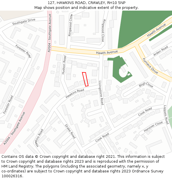 127, HAWKINS ROAD, CRAWLEY, RH10 5NP: Location map and indicative extent of plot