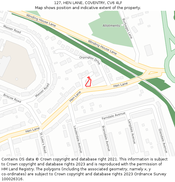 127, HEN LANE, COVENTRY, CV6 4LF: Location map and indicative extent of plot