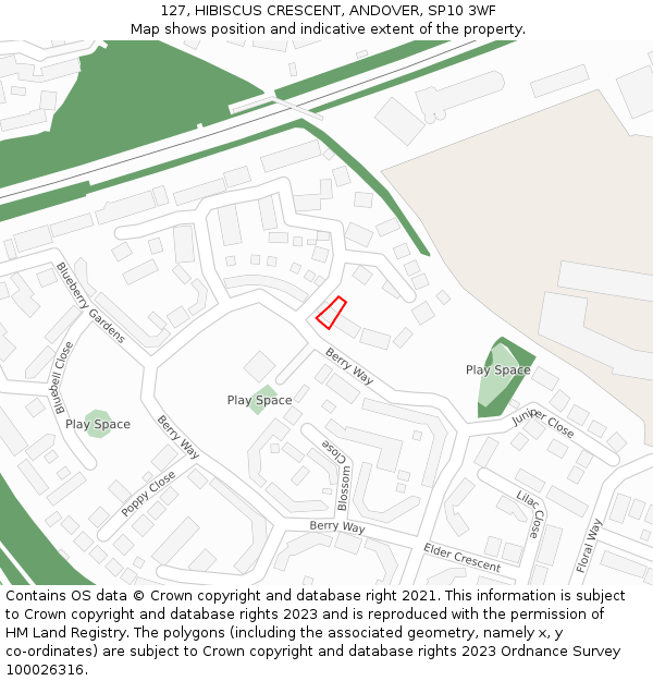127, HIBISCUS CRESCENT, ANDOVER, SP10 3WF: Location map and indicative extent of plot