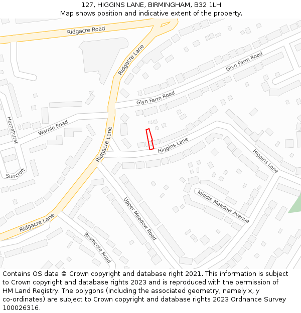 127, HIGGINS LANE, BIRMINGHAM, B32 1LH: Location map and indicative extent of plot