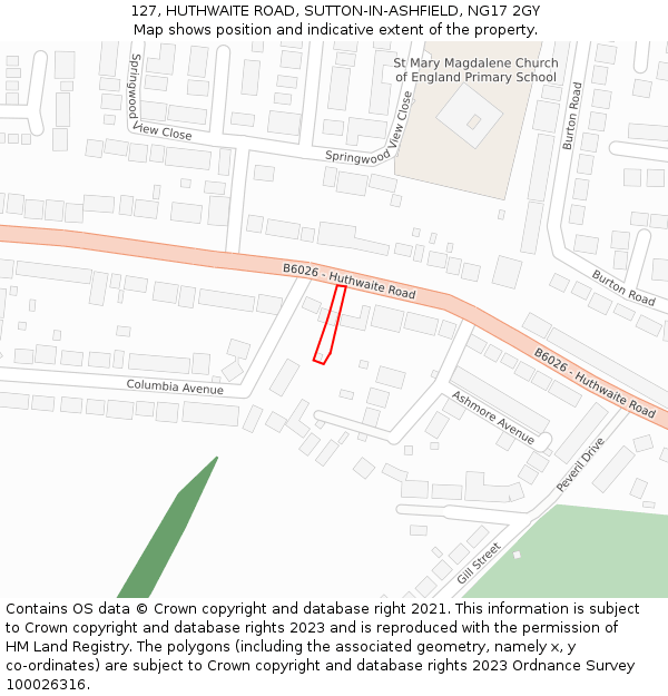 127, HUTHWAITE ROAD, SUTTON-IN-ASHFIELD, NG17 2GY: Location map and indicative extent of plot