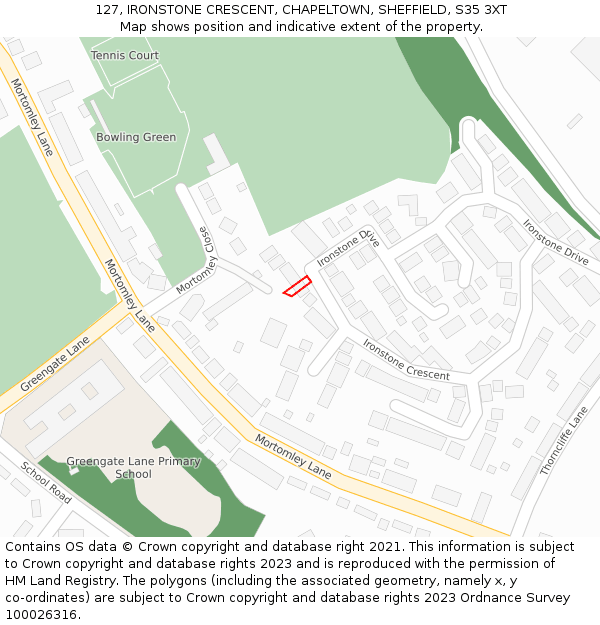 127, IRONSTONE CRESCENT, CHAPELTOWN, SHEFFIELD, S35 3XT: Location map and indicative extent of plot