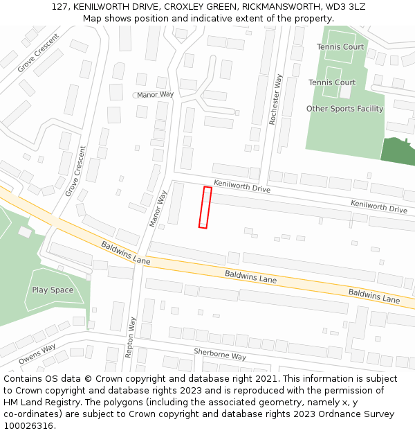 127, KENILWORTH DRIVE, CROXLEY GREEN, RICKMANSWORTH, WD3 3LZ: Location map and indicative extent of plot