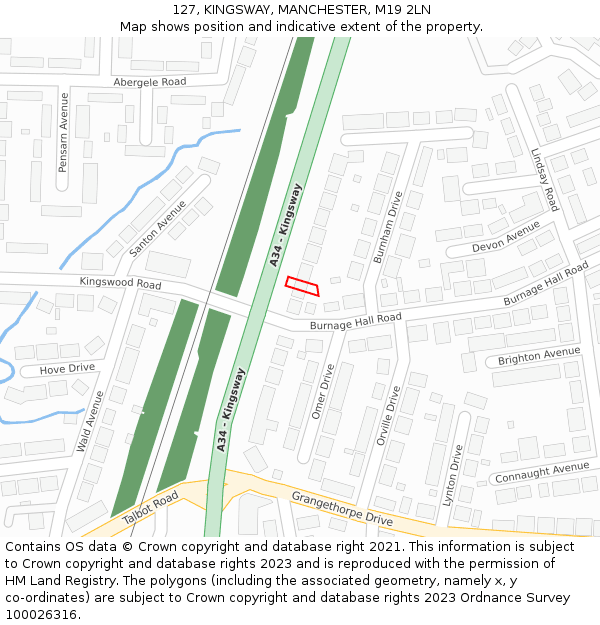 127, KINGSWAY, MANCHESTER, M19 2LN: Location map and indicative extent of plot