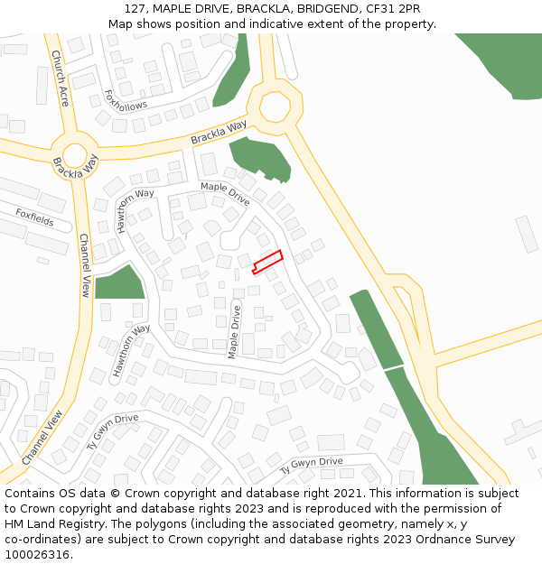 127, MAPLE DRIVE, BRACKLA, BRIDGEND, CF31 2PR: Location map and indicative extent of plot