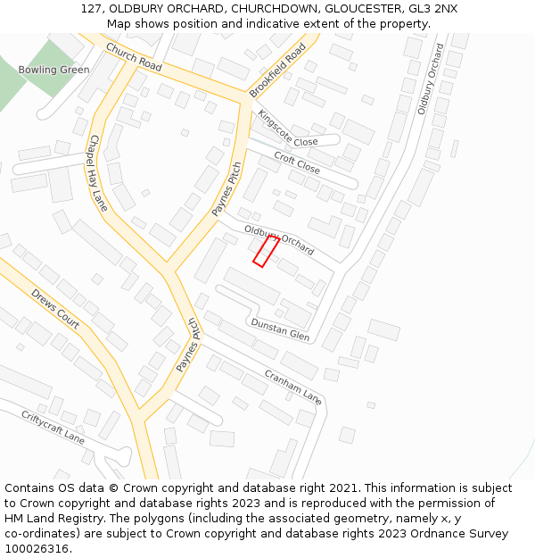 127, OLDBURY ORCHARD, CHURCHDOWN, GLOUCESTER, GL3 2NX: Location map and indicative extent of plot