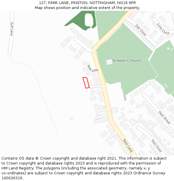 127, PARK LANE, PINXTON, NOTTINGHAM, NG16 6PR: Location map and indicative extent of plot