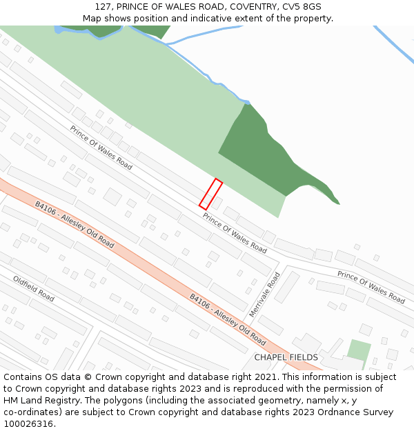 127, PRINCE OF WALES ROAD, COVENTRY, CV5 8GS: Location map and indicative extent of plot