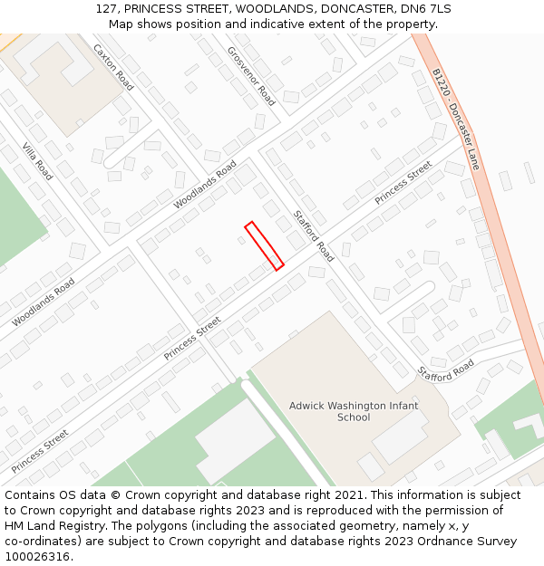 127, PRINCESS STREET, WOODLANDS, DONCASTER, DN6 7LS: Location map and indicative extent of plot