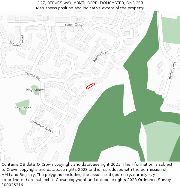 127, REEVES WAY, ARMTHORPE, DONCASTER, DN3 2FB: Location map and indicative extent of plot