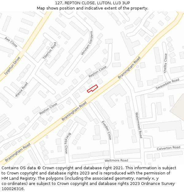 127, REPTON CLOSE, LUTON, LU3 3UP: Location map and indicative extent of plot