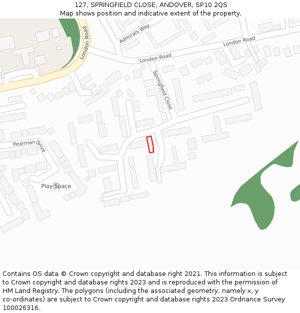 127, SPRINGFIELD CLOSE, ANDOVER, SP10 2QS: Location map and indicative extent of plot