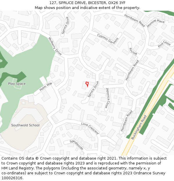 127, SPRUCE DRIVE, BICESTER, OX26 3YF: Location map and indicative extent of plot