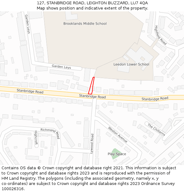127, STANBRIDGE ROAD, LEIGHTON BUZZARD, LU7 4QA: Location map and indicative extent of plot