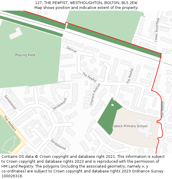 127, THE PEWFIST, WESTHOUGHTON, BOLTON, BL5 2EW: Location map and indicative extent of plot