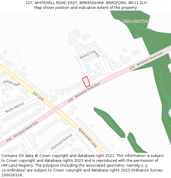 127, WHITEHALL ROAD EAST, BIRKENSHAW, BRADFORD, BD11 2LH: Location map and indicative extent of plot