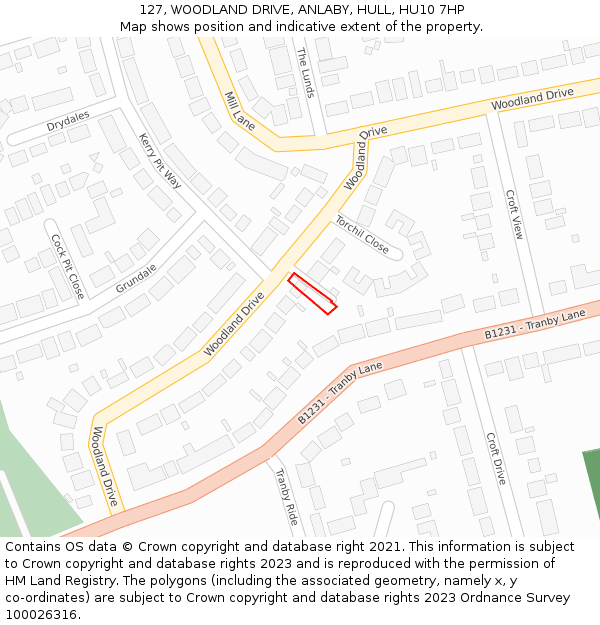 127, WOODLAND DRIVE, ANLABY, HULL, HU10 7HP: Location map and indicative extent of plot