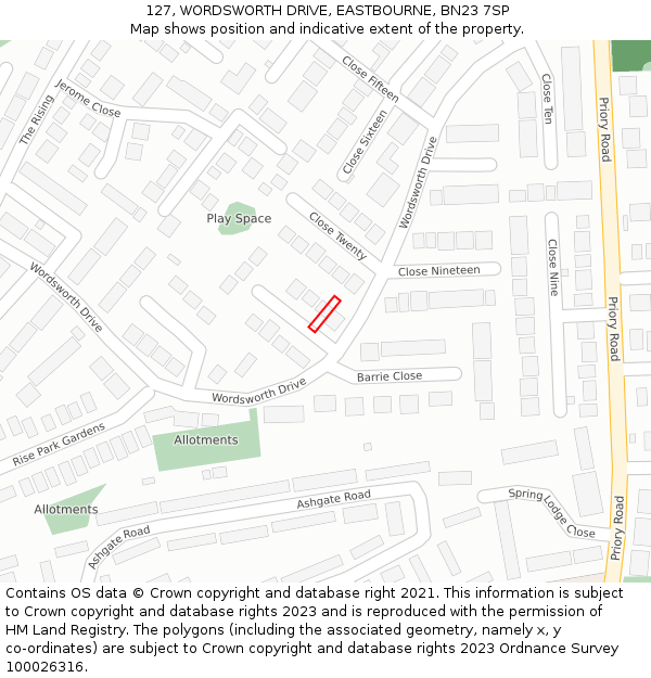 127, WORDSWORTH DRIVE, EASTBOURNE, BN23 7SP: Location map and indicative extent of plot