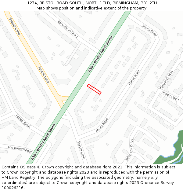 1274, BRISTOL ROAD SOUTH, NORTHFIELD, BIRMINGHAM, B31 2TH: Location map and indicative extent of plot