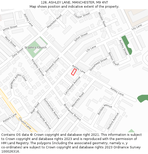 128, ASHLEY LANE, MANCHESTER, M9 4NT: Location map and indicative extent of plot