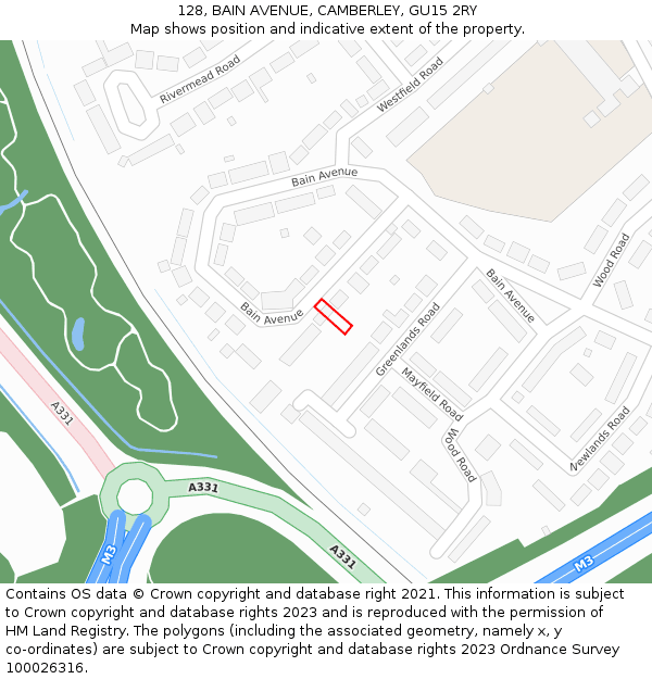 128, BAIN AVENUE, CAMBERLEY, GU15 2RY: Location map and indicative extent of plot