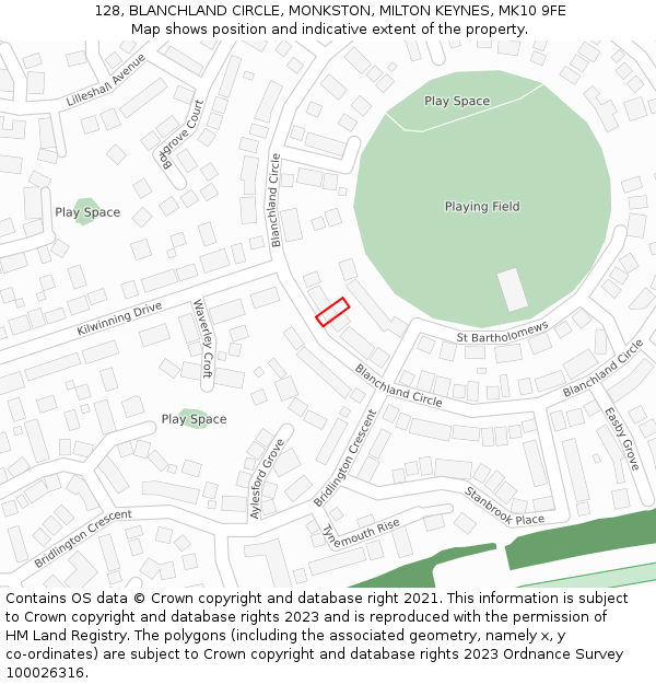 128, BLANCHLAND CIRCLE, MONKSTON, MILTON KEYNES, MK10 9FE: Location map and indicative extent of plot