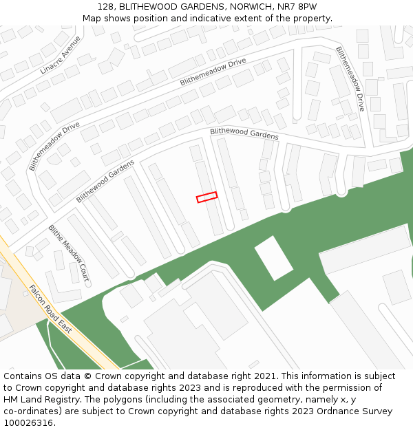 128, BLITHEWOOD GARDENS, NORWICH, NR7 8PW: Location map and indicative extent of plot