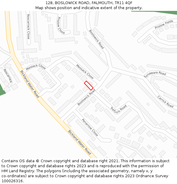 128, BOSLOWICK ROAD, FALMOUTH, TR11 4QF: Location map and indicative extent of plot