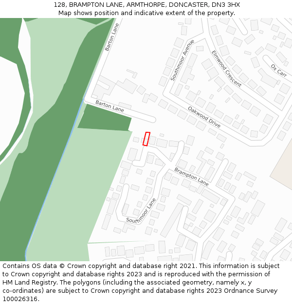 128, BRAMPTON LANE, ARMTHORPE, DONCASTER, DN3 3HX: Location map and indicative extent of plot