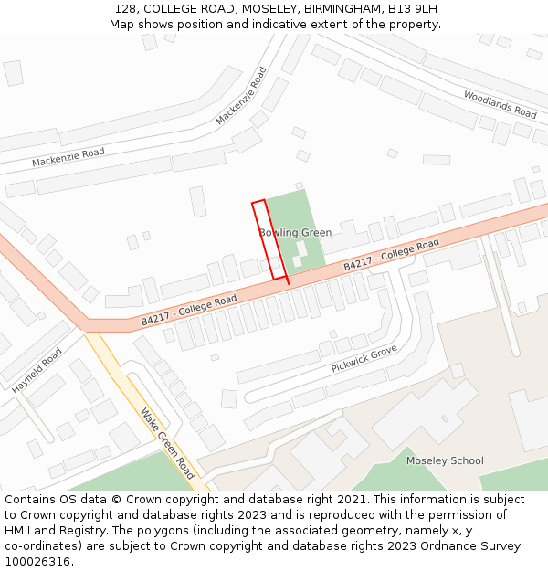 128, COLLEGE ROAD, MOSELEY, BIRMINGHAM, B13 9LH: Location map and indicative extent of plot