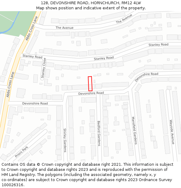 128, DEVONSHIRE ROAD, HORNCHURCH, RM12 4LW: Location map and indicative extent of plot