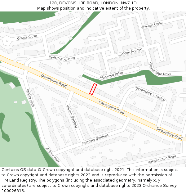 128, DEVONSHIRE ROAD, LONDON, NW7 1DJ: Location map and indicative extent of plot