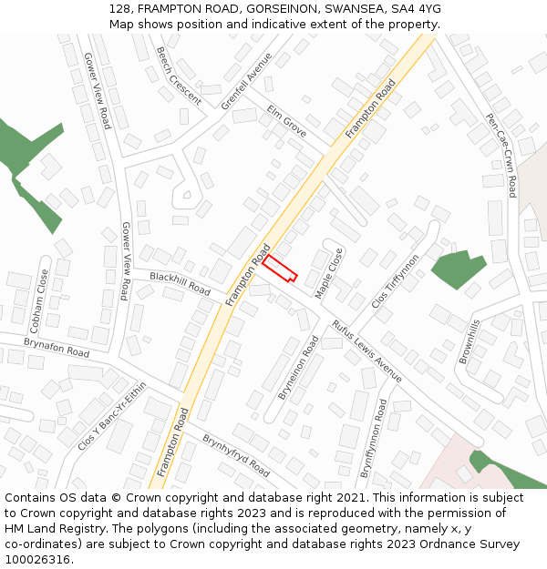 128, FRAMPTON ROAD, GORSEINON, SWANSEA, SA4 4YG: Location map and indicative extent of plot