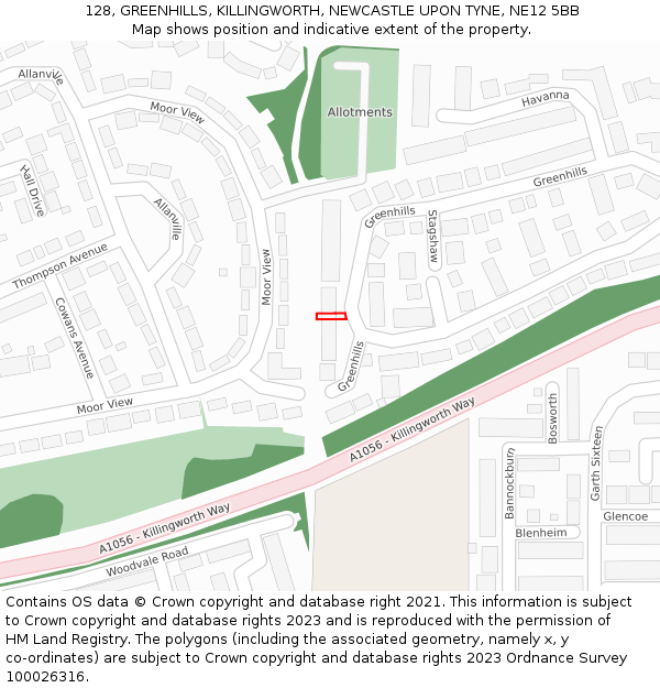 128, GREENHILLS, KILLINGWORTH, NEWCASTLE UPON TYNE, NE12 5BB: Location map and indicative extent of plot