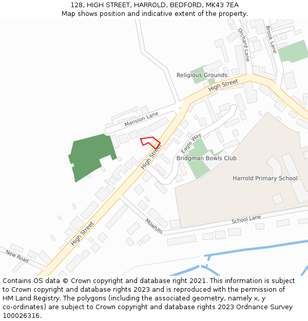 128, HIGH STREET, HARROLD, BEDFORD, MK43 7EA: Location map and indicative extent of plot