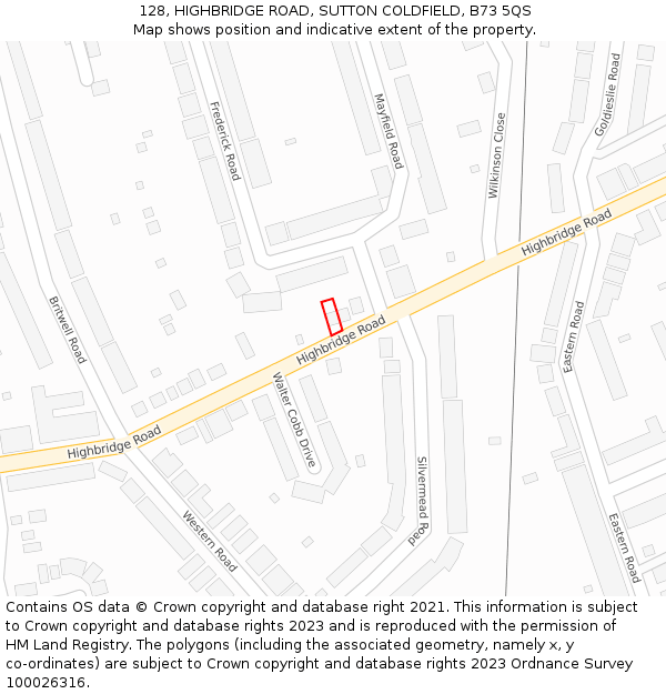 128, HIGHBRIDGE ROAD, SUTTON COLDFIELD, B73 5QS: Location map and indicative extent of plot