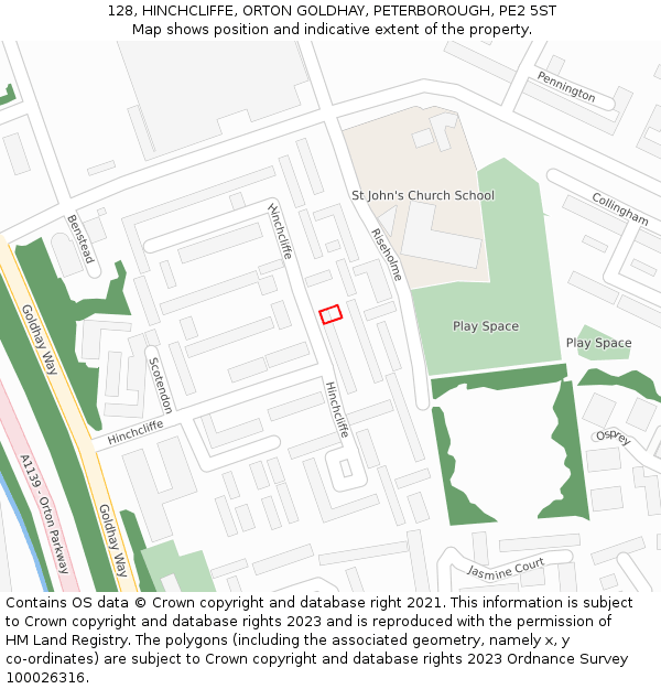 128, HINCHCLIFFE, ORTON GOLDHAY, PETERBOROUGH, PE2 5ST: Location map and indicative extent of plot