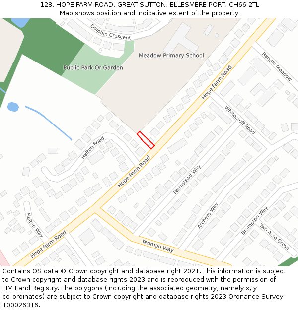 128, HOPE FARM ROAD, GREAT SUTTON, ELLESMERE PORT, CH66 2TL: Location map and indicative extent of plot