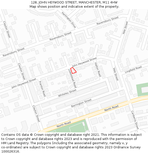 128, JOHN HEYWOOD STREET, MANCHESTER, M11 4HW: Location map and indicative extent of plot