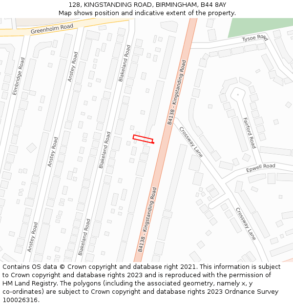 128, KINGSTANDING ROAD, BIRMINGHAM, B44 8AY: Location map and indicative extent of plot